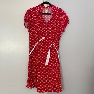 Red Polka Dot Midi Dress with White Trim - Classic Wrap-Inspired Style